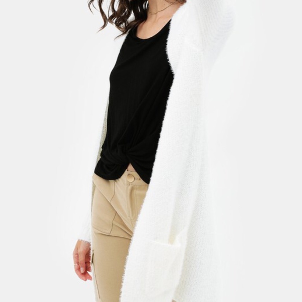 Fuzzy Cardigan Sweater Knitted Slim Fit Open Front Long Sleeve White Warm & Cozy - Picture 7 of 13